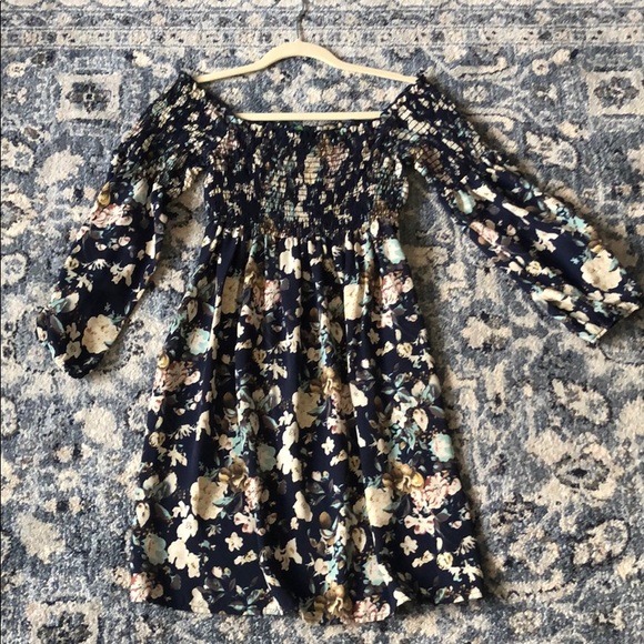 Navy Off the Shoulder Floral Boutique Dress - Picture 1 of 2